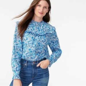 J. Crew/Liberty Blue Floral Elysian Day Popover Smocked Blouse, Long Sleeve, S